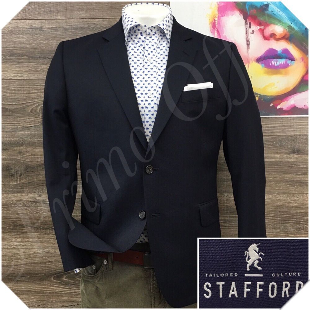 STAFFORD Mens Blazer Sport‎ Coat Casual Jacket Size 42S Classic Navy Wool Suit